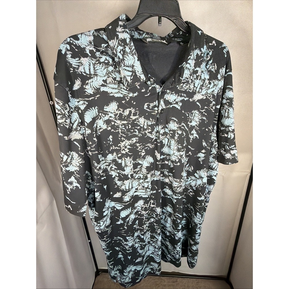 Travis Mathew Polo Shirt Mens XXL Black Blue Gray Floral Alley Oop Abstract